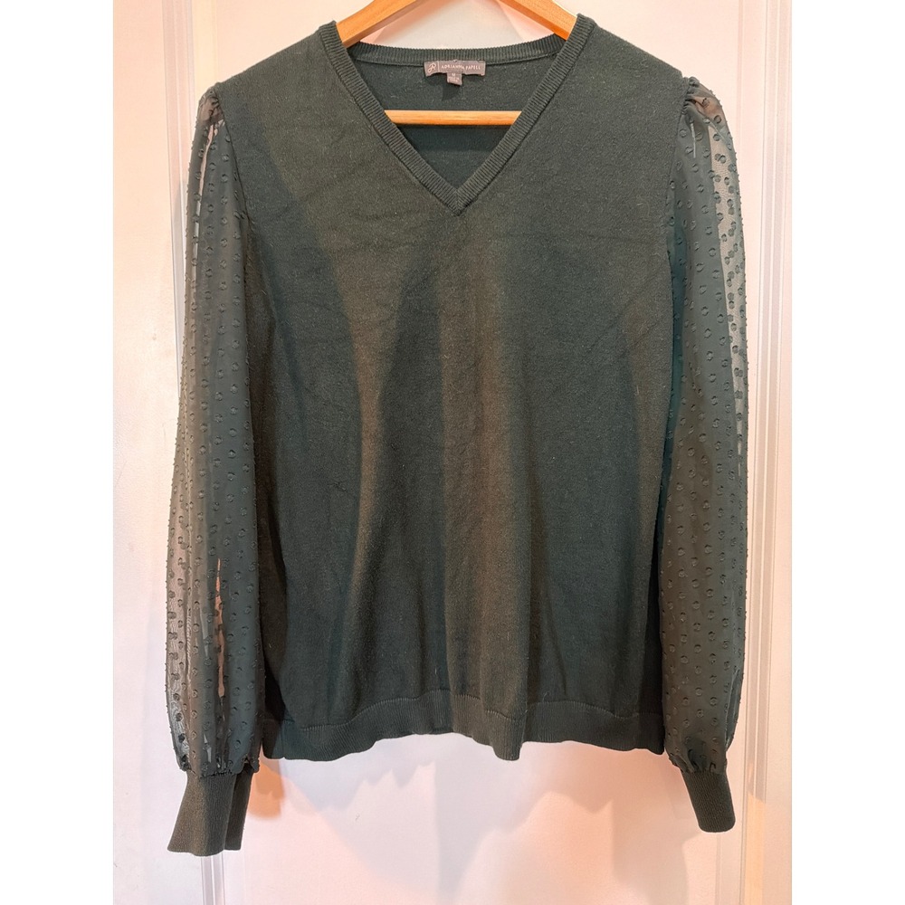 Adrianna Papell Green V-Neck Sweater Sheer Swiss Dot Balloon Sleeve Med Holiday
